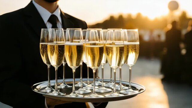Server In Formal Attire Carries Tray Of Champagne Flutes Outside At Sunset Likely For Celebration With Blurred Figures Lights In The Background For Event Promotion
