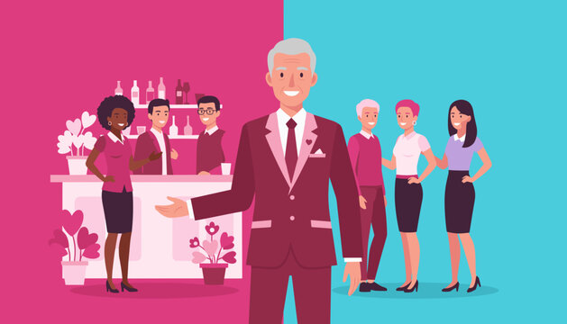 Smiling host welcomes diverse party guests and bar staff at a vibrant social or business event