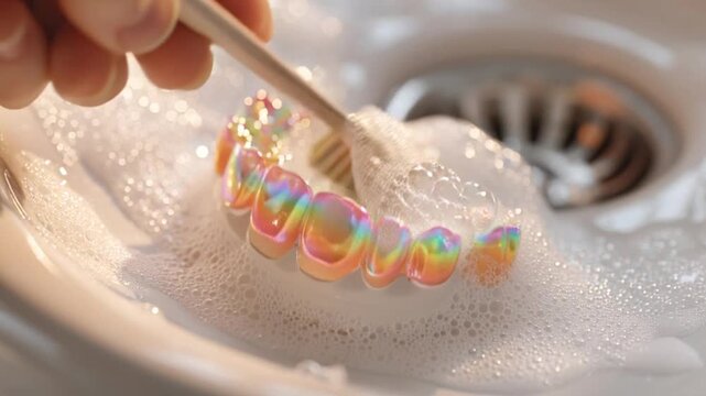 Cleaning colorful dental retainer with soap and brush in sink.