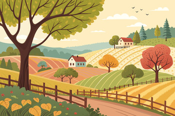 Farm Landscape With Trees And Fenc Premium Digital Asset Ideal for Marketing © adobe1 stock