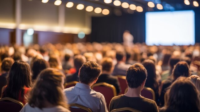 A large audience in a conference hall watching a presentation