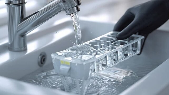 Laboratory equipment being washed under running water in a sink.