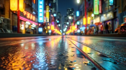 Obraz premium Vibrant Night Street Scene in a City with Colorful Lights and Reflections on Wet Pavement