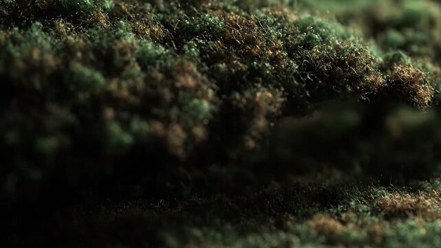Macro View of Mossy Textured Surface with Shimmering Details and Dramatic Lighting