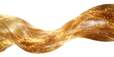 Abstract golden wavy silk ribbon with glittering sparkles, ideal for festive or elegant design elements, conveying luxury and dynamism with translucent texture and shimmering details.
