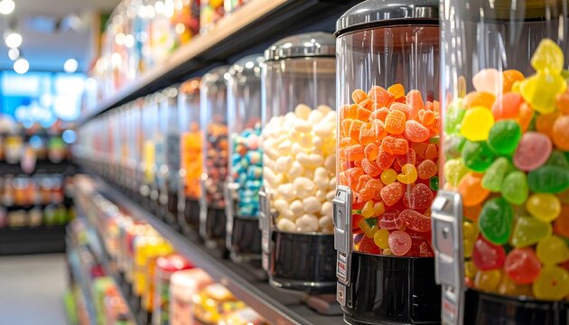 Colorful candies fill dispenser containers on a shelf in a candy store, showcasing variety and sweetness