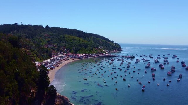 Aerial view of artisanal fishing boats in Caleta Tumbes, Talcahuano, Chile.