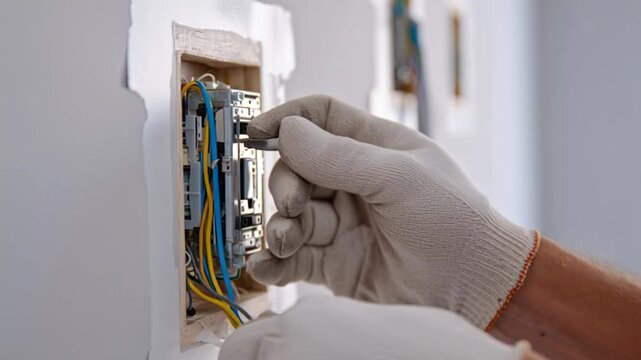 Electrician installing electrical outlet with wires.
