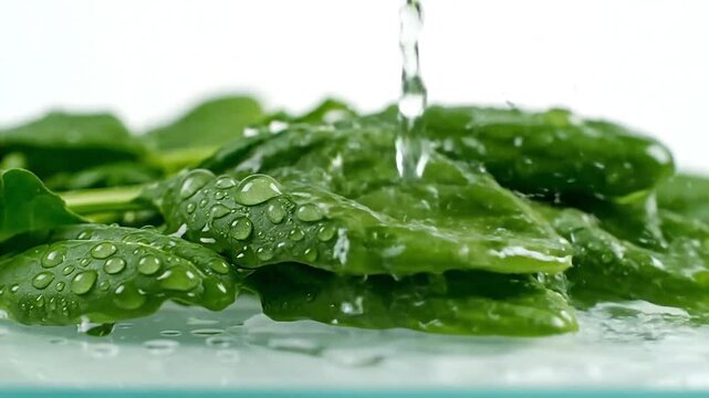 Close-up of vibrant green leaves being rinsed with water, showcasing freshness and health in a clean setting b roll for advertising and news