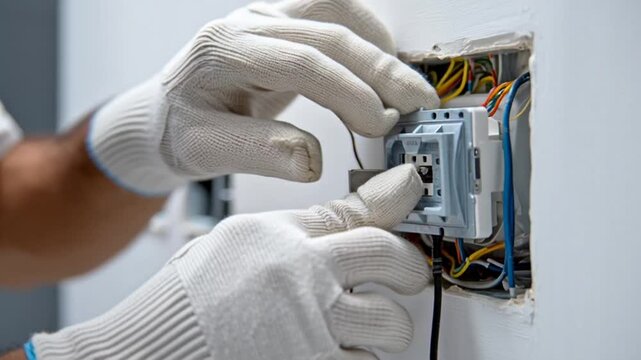 Electrician installing electrical outlet with wires.