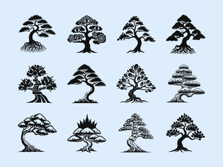 Fototapeta premium Collection of Stylized Bonsai and Abstract Tree Silhouettes