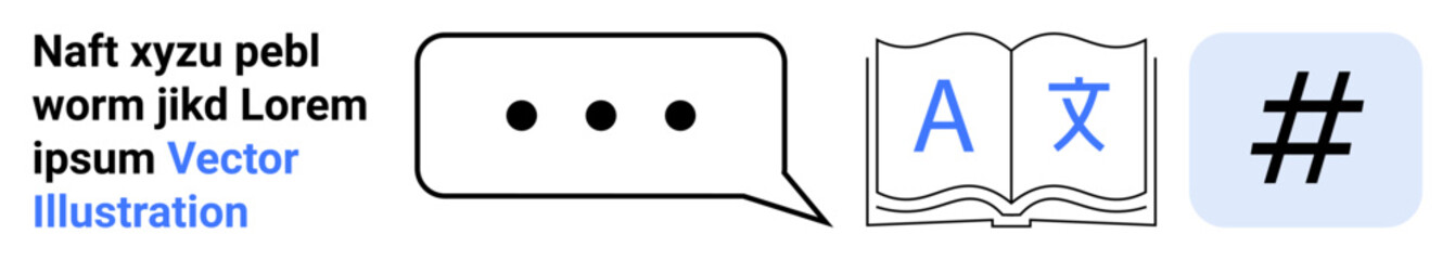 Fototapeta premium Speech bubble with dots, book with translation icon, and metadata tag symbol. Ideal for language learning, social media, translation tools, communication, accessibility, education simple landing