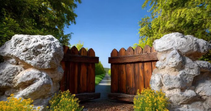 Rustic wooden gate with stone pillars and vibrant yellow flowers