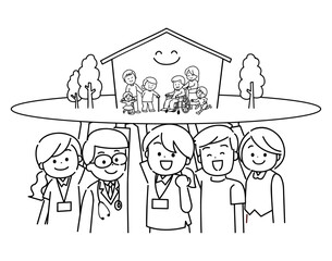 地域で暮らす家族を支える在宅医療チームの人々　線画