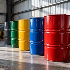 A row of colorful industrial metal barrels standing on a concrete floor in a warehouse. 55 gallon