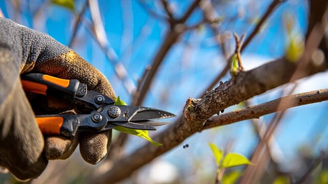Gardener pruning tree branches with pruning shears on a sunny day.