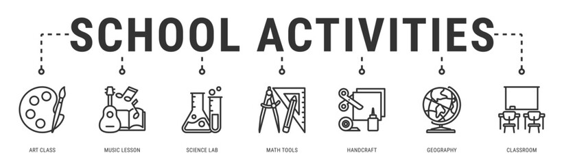 School Activities web banner icon vector illustration featuring Art Class, Music Lesson, Science Lab, Math Tools, Handcraft and Geography