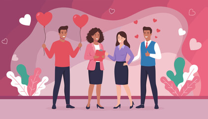 Obraz premium Diverse business team celebrating love and appreciation with heart balloons Professional collaboration concept