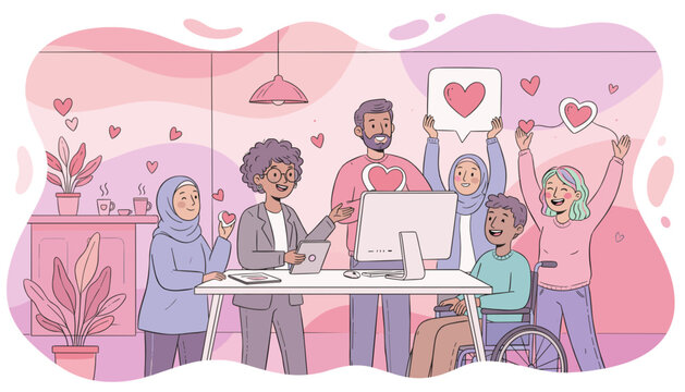 Diverse team collaboration showing social media success community and support with hearts and likes