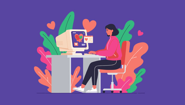 Woman connects online via retro computer Digital dating social media and virtual love concept