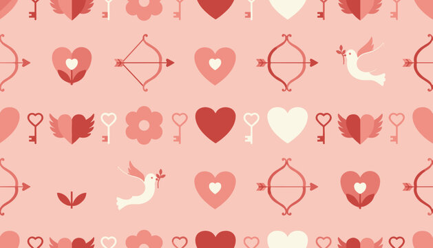 Seamless Valentines Day pattern featuring hearts keys cupid bows and doves on a soft pink background