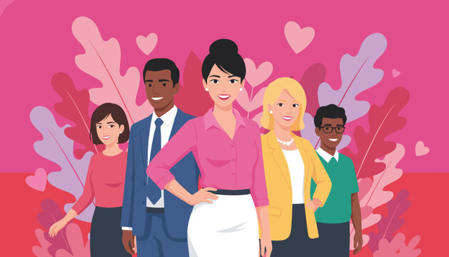 Diverse professional team portrait smiling against a pink backdrop with hearts and foliage illustration