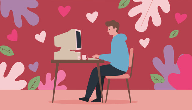 Online dating concept Man using retro computer in a romantic room with hearts and plants