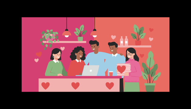 Diverse group celebrating friendship and love in a modern cafe Teamwork and social connections illustration