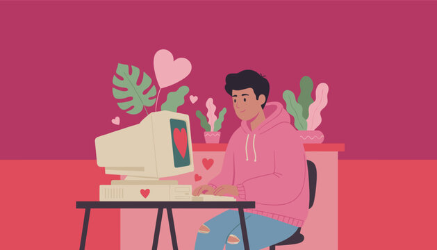Happy man sending love messages on a vintage computer Online dating romance and digital communication