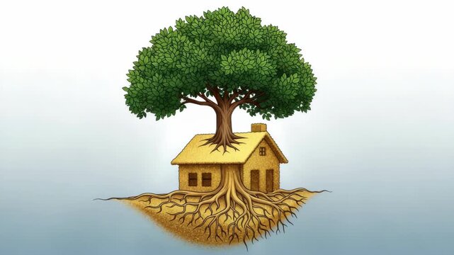 Illustration of a house intertwined with a tree representing growth and nature