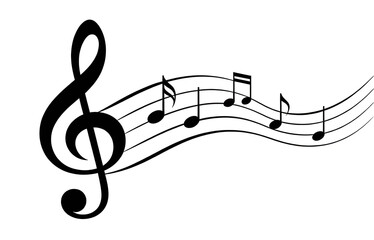 Black treble clef with musical notes on a wavy line, representing musical notation, melody, and musical elements. Ideal for music, art, and sound themes.