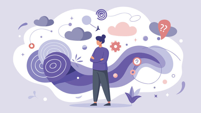 A person stands alone with a thoughtful expression in a modern flat vector illustration, surrounded by abstract elements and symbols.