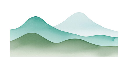 Obraz premium abstract, minimalist watercolor painting of soft, layered mountain peaks in muted green and turquoise, utilizing wet-on-wet technique, isolated on a transparent background with copy space. concept of