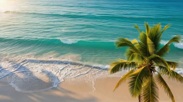 Aerial View Of Tropical Beach With Palm Tree Waves Gently Crashing On The Shore Sunny Sky In The Background For Travel Vacation Promotions