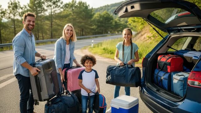 Family On Road Trip Loading Luggage Into Their Car Parked On Roadside With Green Trees The Sun In The Background Good For Travel Vacation Family Themes