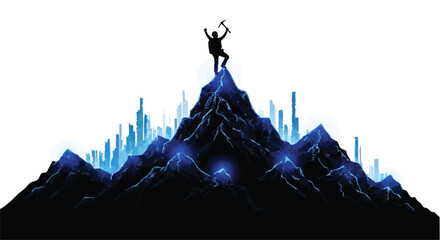 Fototapeta premium Man at top of mountain with tech elements concept, symbolizing achievement, innovation, and futuristic success in a modern vector style