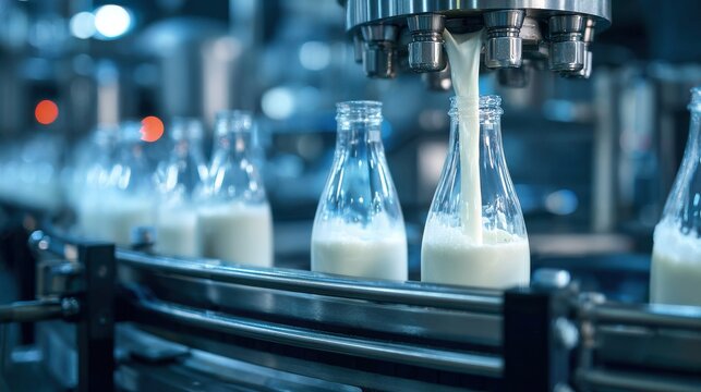 Milk being poured into automated bottling machine glass on blurred background 