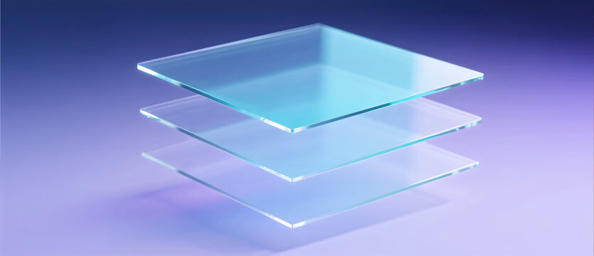 three layers of glass plates on violet background