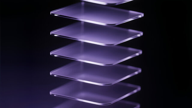 Close up abstract technology data layers cloud computing information stack glowing glass plates digital server architecture