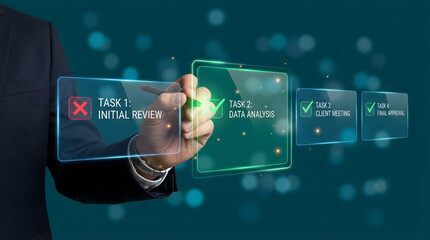 Professional hand interacting with a glowing digital interface completing a complex business workflow of tasks using a stylus in a modern high tech se