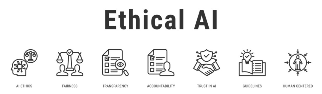 Ethical AI Principles web banner icon vector illustration featuring AI Ethics, Fairness, Transparency, Accountability and Human Centered design