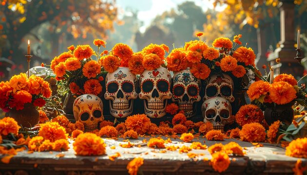 Day of Dead altar with skulls.