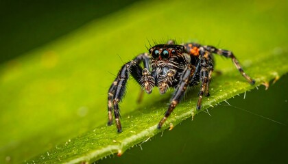Close-up of a colorful jumping spider on a green leaf, focused on its eyes
