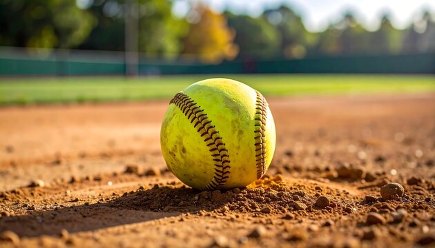 Close-up view of a yellow softball sitting on a red dirt ballfield in bright sunlight