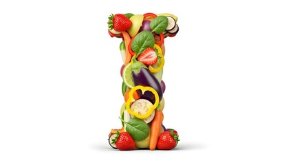 Letter I formed from fresh fruits and vegetables on white background