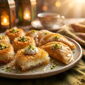 Arabic Desserts Kunafa and Qatayef in a Festive Setting