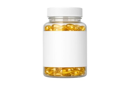 Supplement bottle with golden softgel capsules, vitamins, minerals or omega 3, medicine on transparent background