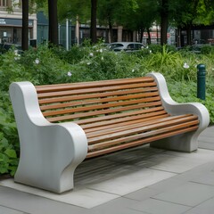 Empty wooden bench and furniture seat rest on the green grass in a summer park garden patio for outdoor relax under a tree