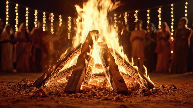 Hindu Festival Holika Dahan Bonfire Burning Brightly at Night