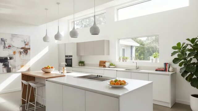Modern kitchen interior design featuring natural light